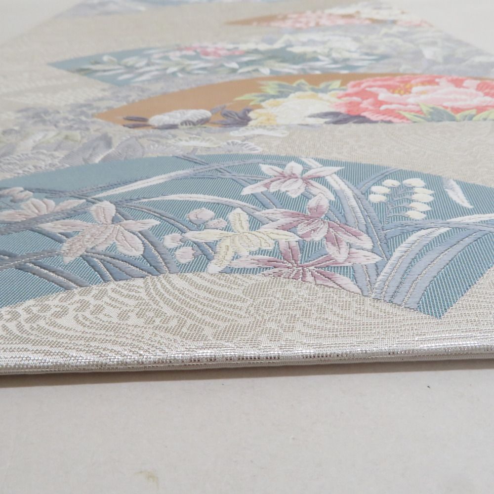 袋帯 正絹 シルバー系 銀色xピンク色x水色 パステル系 銀糸金糸 地紙