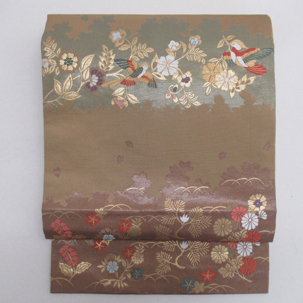 名古屋帯 購入 正絹 花鳥紋様 六通柄 モカ茶色x緑色x多色 名古屋帯 購入 正絹 花鳥紋様 六通柄 モカ茶色x緑色x多色