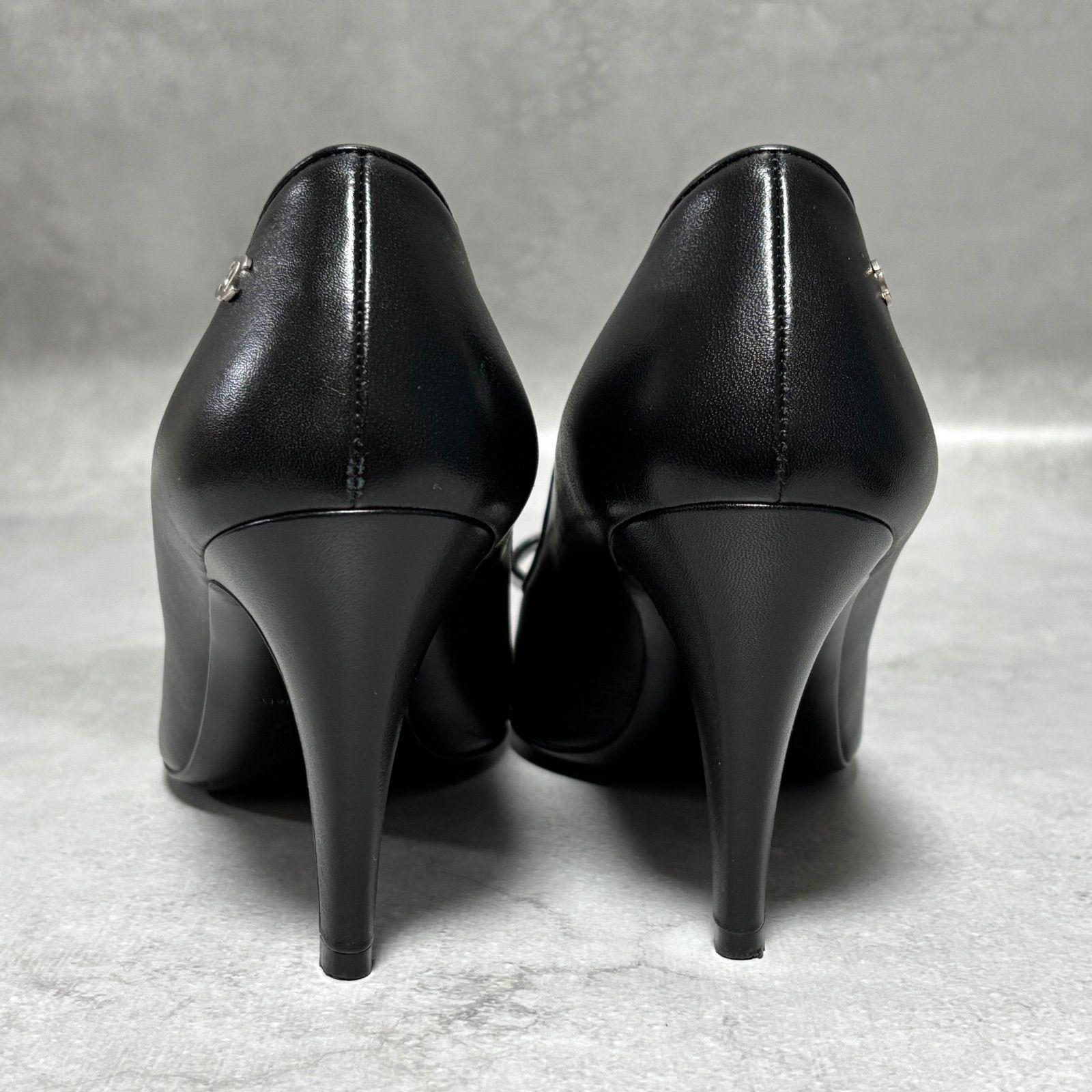 希少 CHANEL シャネル レザー リボン パンプス ブラック 黒 37C 約24cm