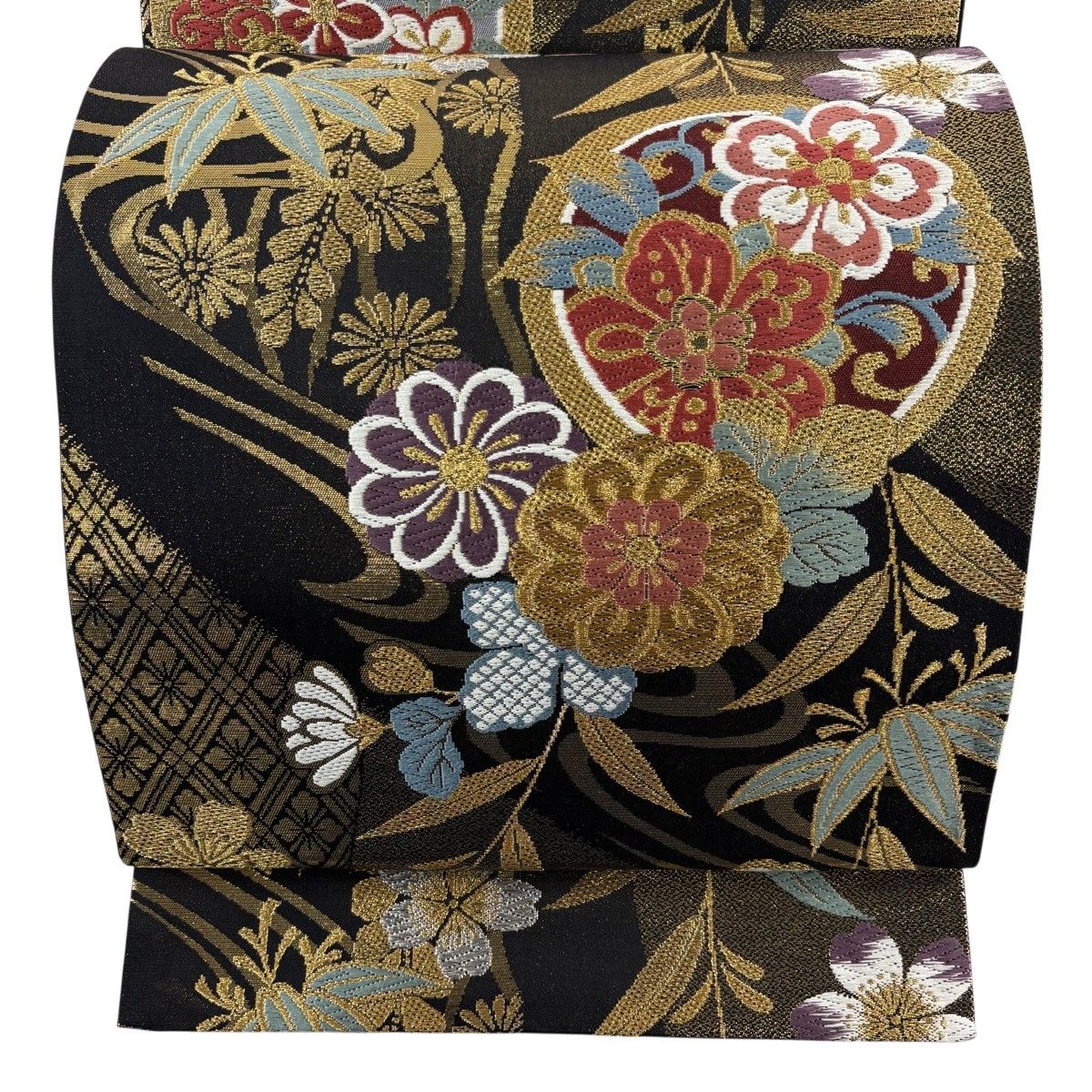 美品】 袋帯 秀品 鈴乃屋 桜 菊 金銀糸 箔 黒 六通 正絹 【中古