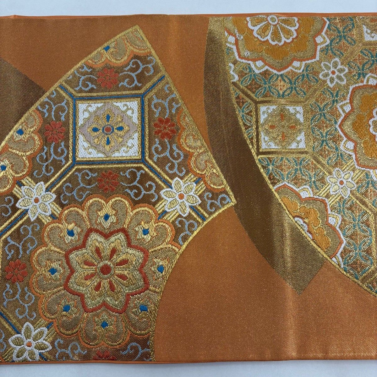 美品】 袋帯 名品 川島織物 落款 加良錦 扇面 華文 金糸 箔 オレンジ