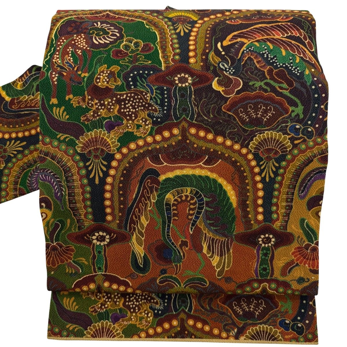 名古屋帯 名品 山岡古都 落款 関西仕立て 草花 鳥 縮緬 赤茶 正絹