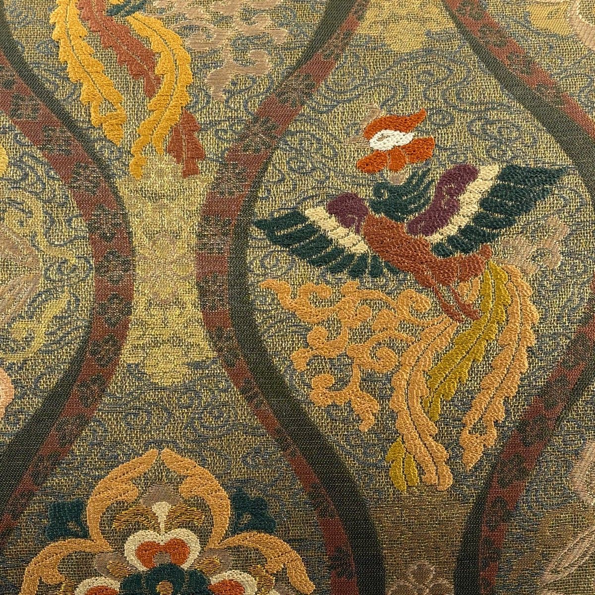 袋帯 美品 秀品 華文 箔 金糸 鶯色 六通 正絹 【中古】 美品 袋帯 名品 