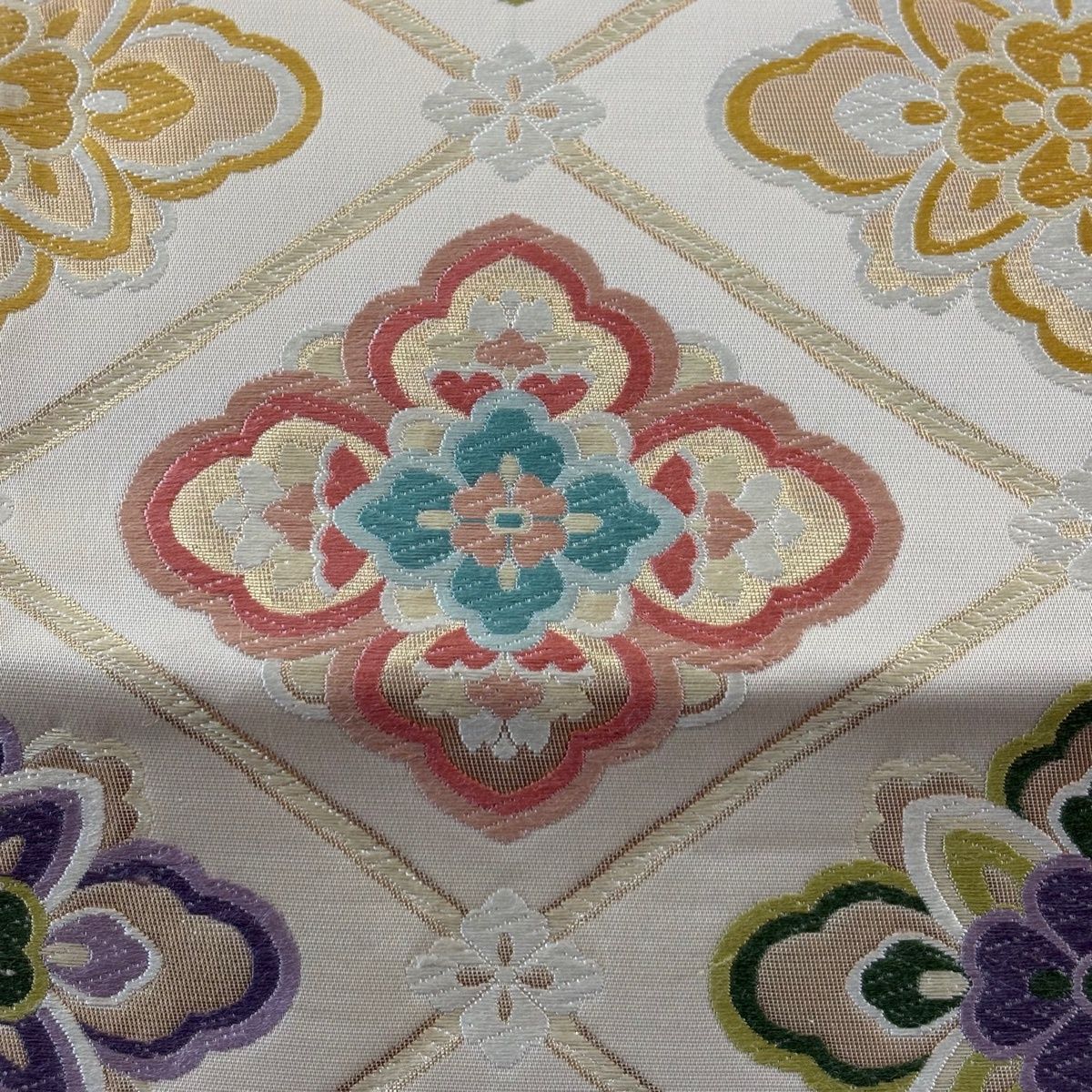 袋帯 秀品 華文 菱格子 箔 唐織 ベージュ 六通 正絹 【中古】