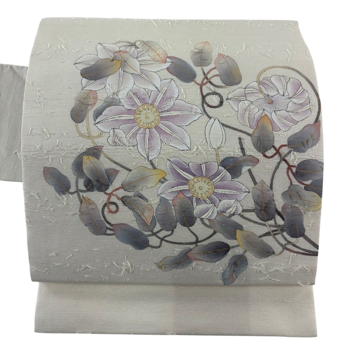 名古屋帯 秀品 落款 髭紬地 草花 クリーム お太鼓柄 正絹 【中古