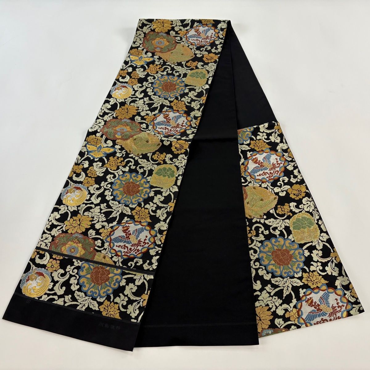 美品】 袋帯 逸品 川島織物 落款 証紙 華文 花鳥 箔 刺繍 黒 六通 正絹