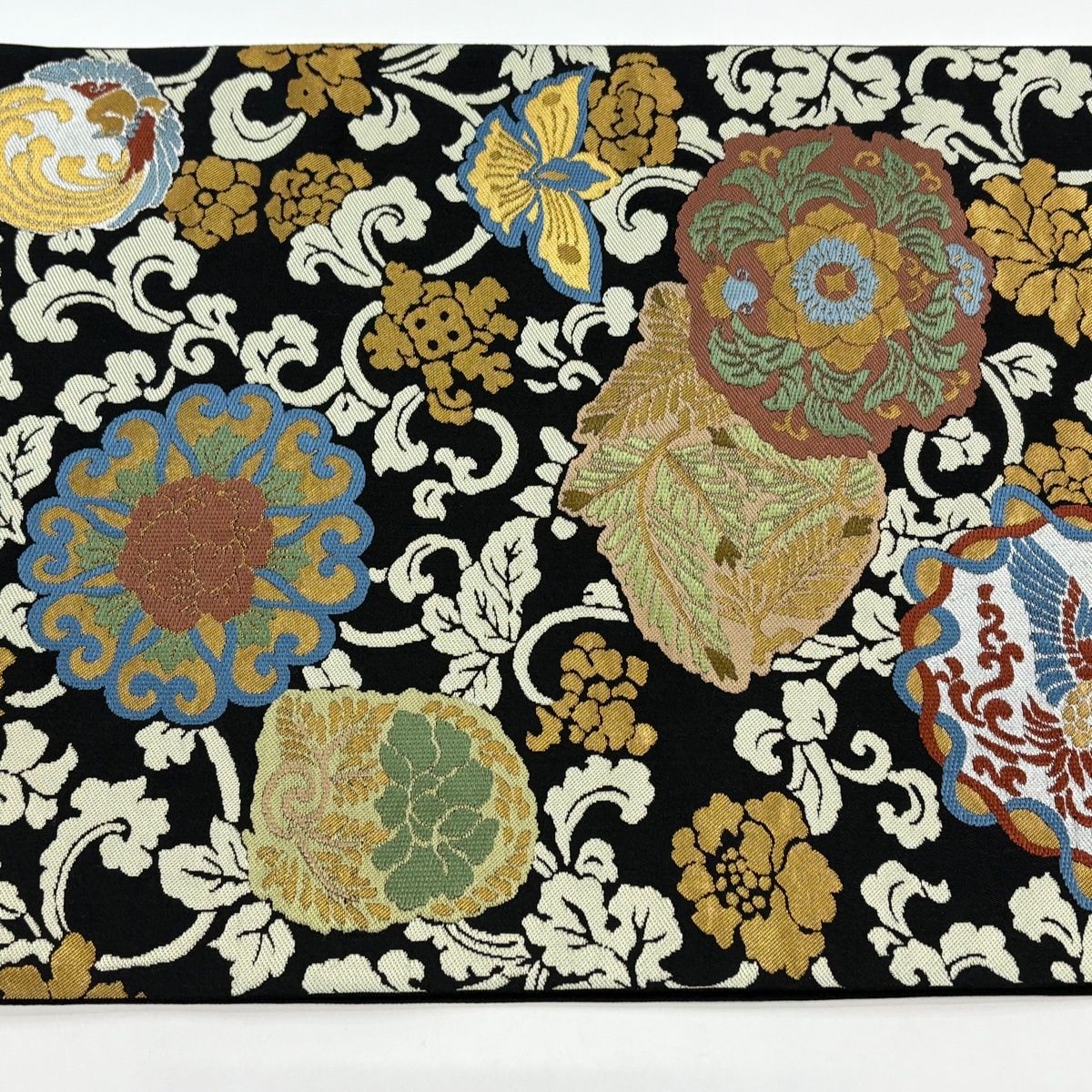 美品】 袋帯 逸品 川島織物 落款 証紙 華文 花鳥 箔 刺繍 黒 六通 正絹