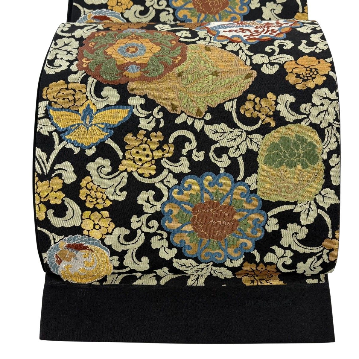 美品】 袋帯 逸品 川島織物 落款 証紙 華文 花鳥 箔 刺繍 黒 六通 正絹