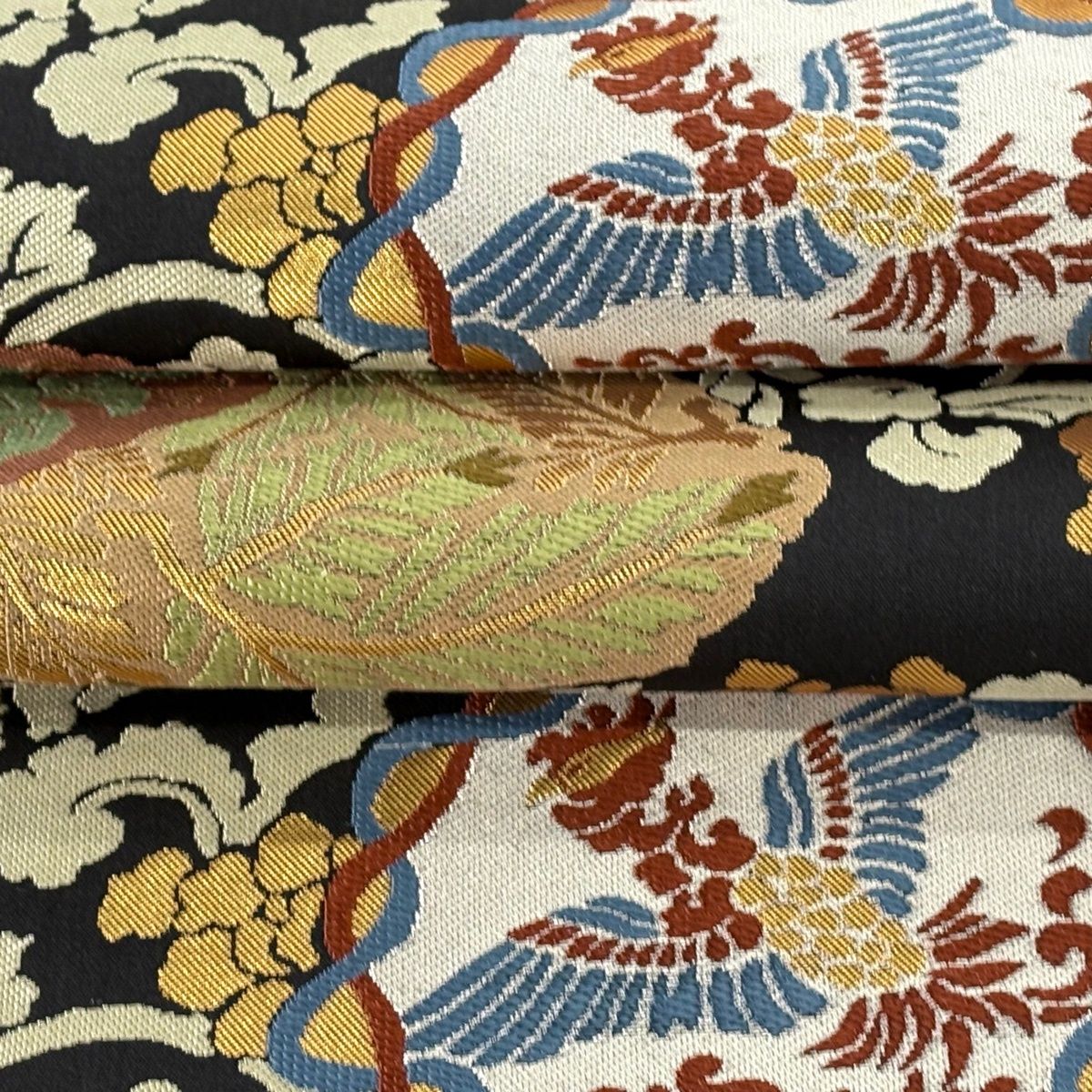美品】 袋帯 逸品 川島織物 落款 証紙 華文 花鳥 箔 刺繍 黒 六通 正絹