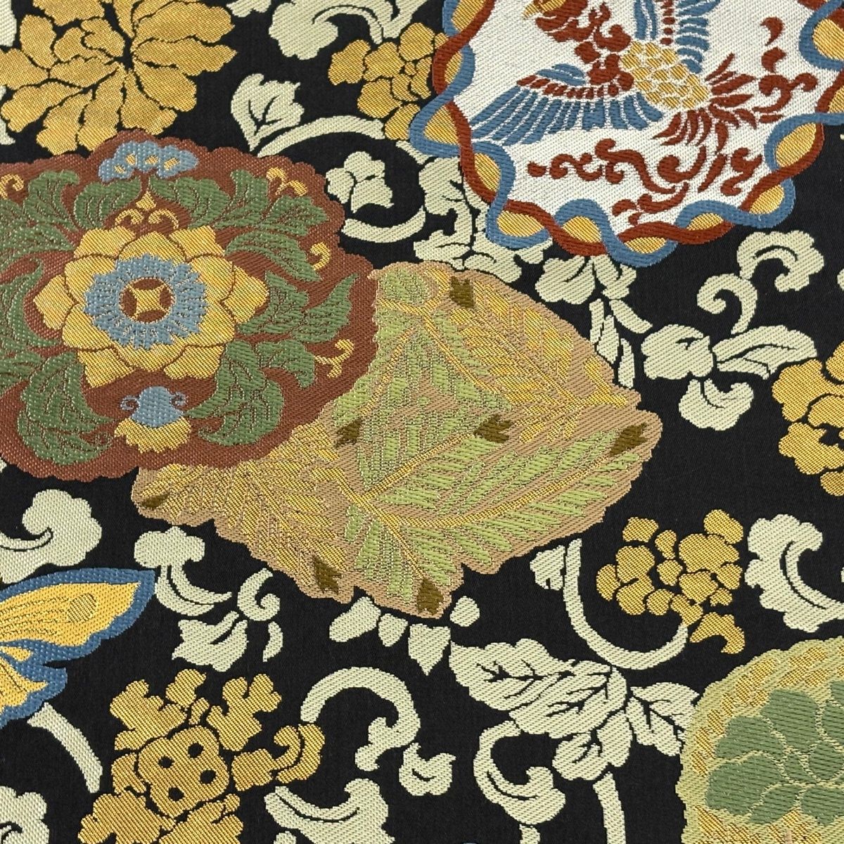 美品】 袋帯 逸品 川島織物 落款 証紙 華文 花鳥 箔 刺繍 黒 六通 正絹