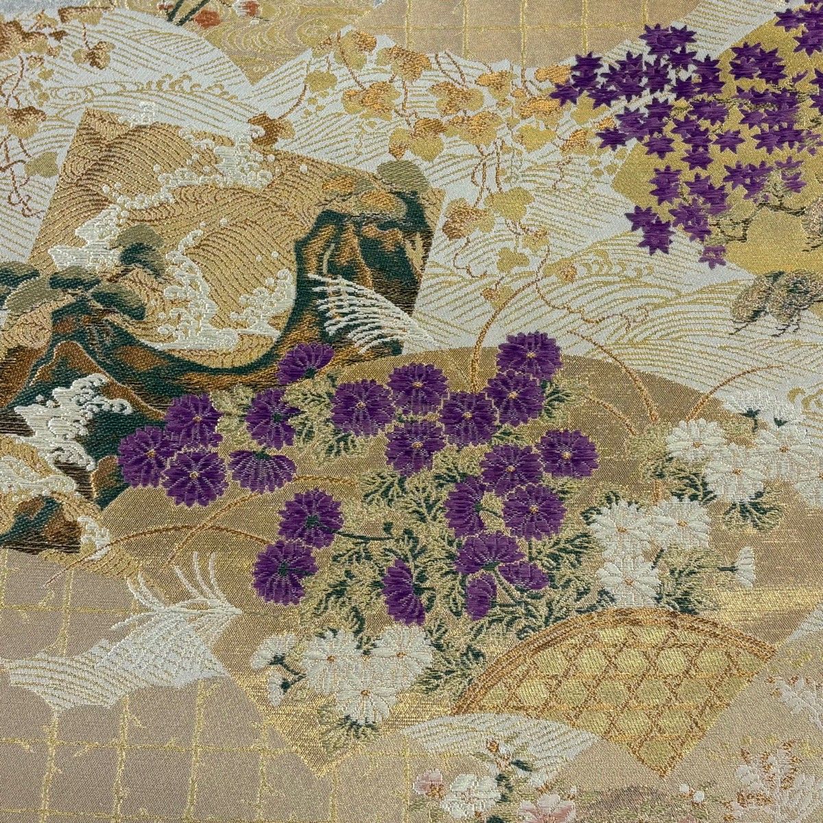 美品】 袋帯 逸品 じゅらく 落款 じゅらく帝王紫 扇面 菊 金銀糸 箔 