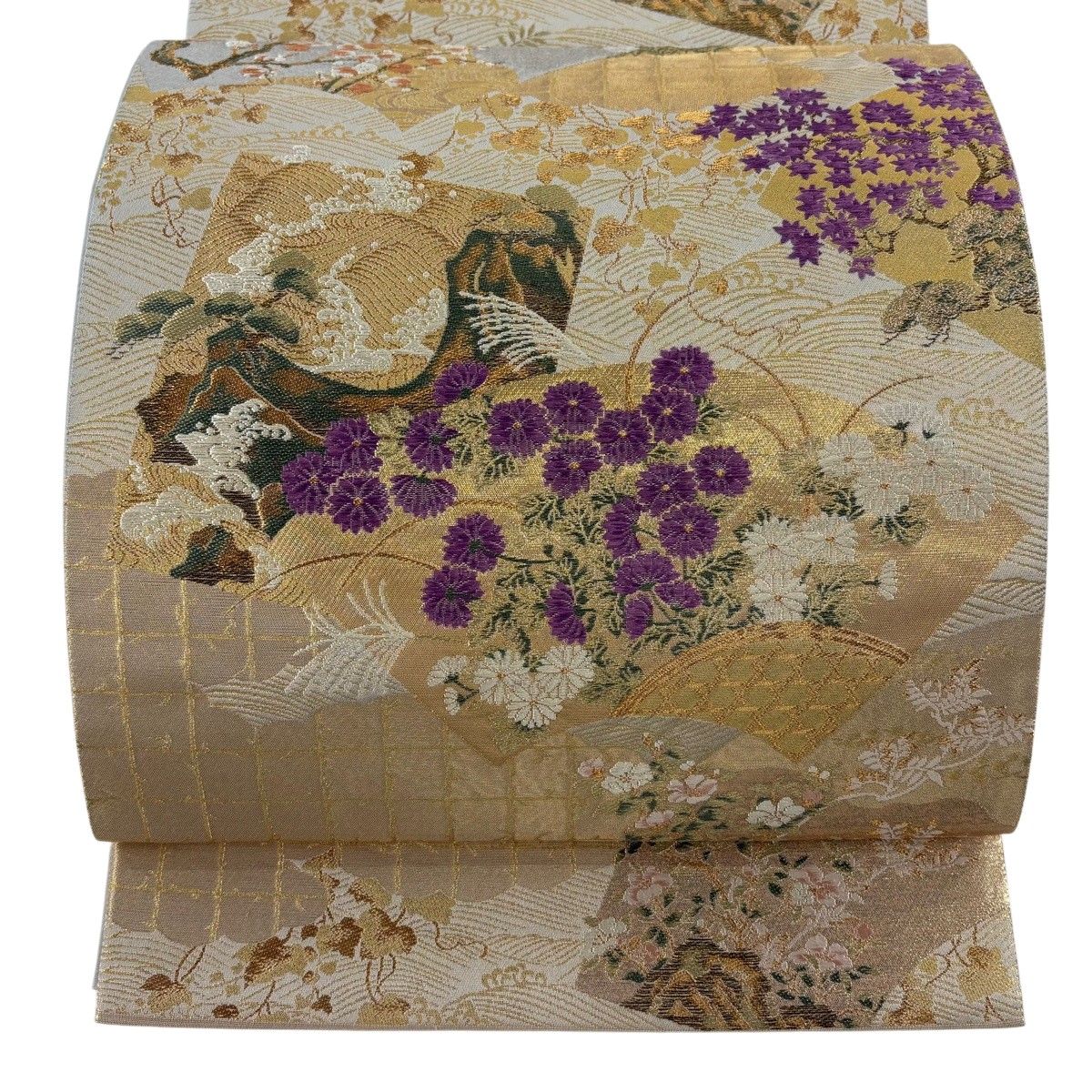 美品】 袋帯 逸品 じゅらく 落款 じゅらく帝王紫 扇面 菊 金銀糸 箔 