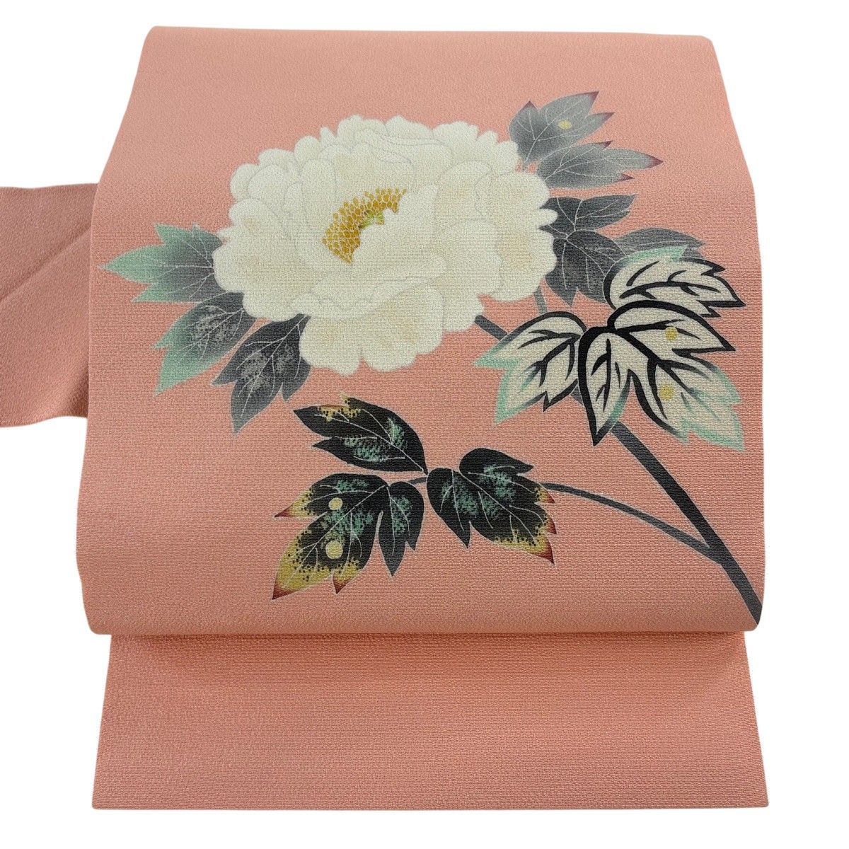 美品】 名古屋帯 逸品 人間国宝 羽田登喜男 落款 牡丹 縮緬 ピンク