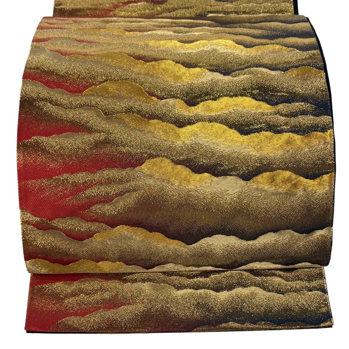 美品】 袋帯 逸品 横山大観 落款 本金箔 朝日霊峰 瑞雲 金糸 箔 茜色