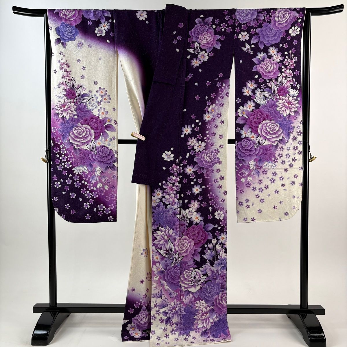 美品】 振袖 身丈169cm 裄丈67.5cm L 袷 蝶 薔薇 ラインストーン 銀