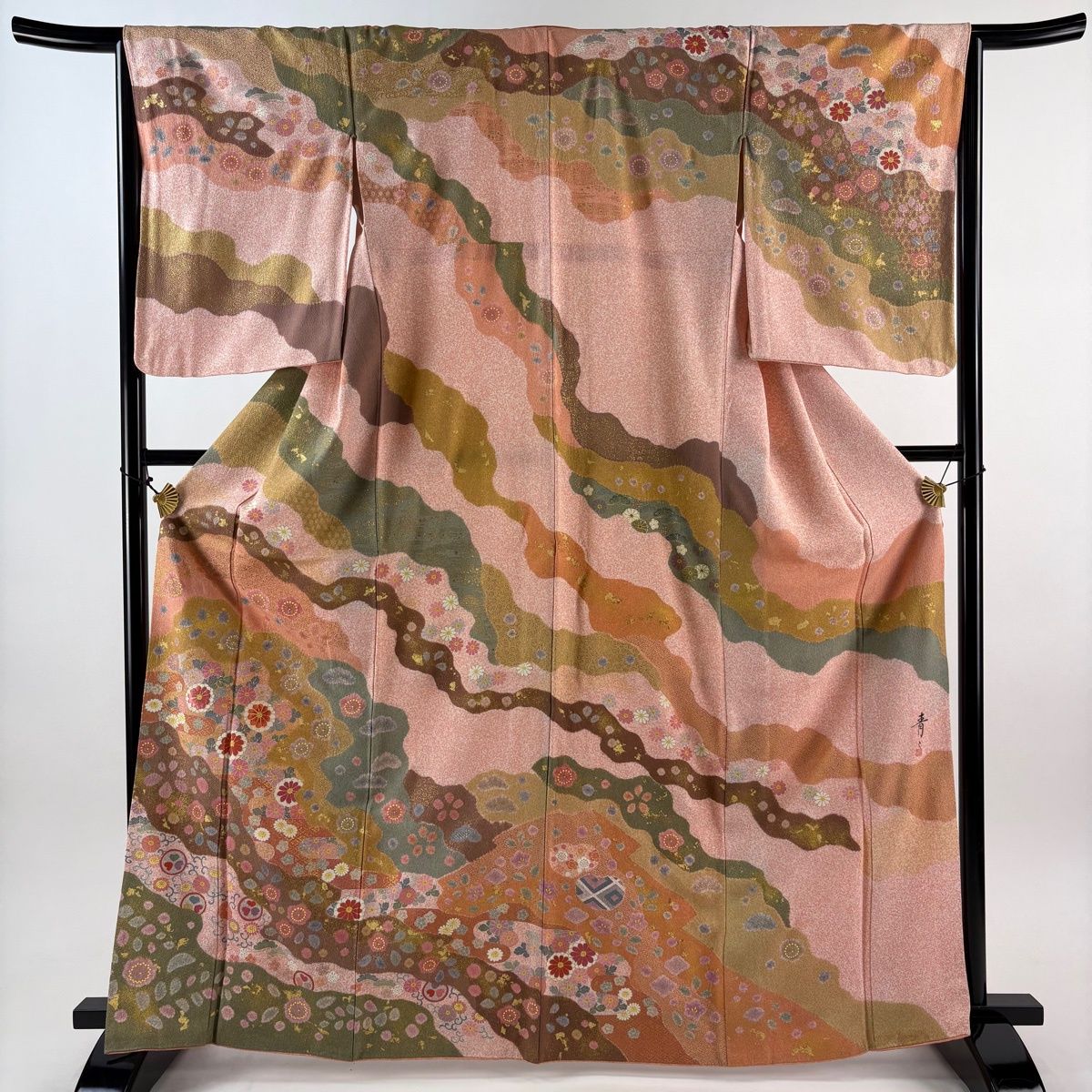 訪問着 身丈166.5cm 裄丈65cm M 袷 松井青々 落款 霞 草花 金糸 金彩 