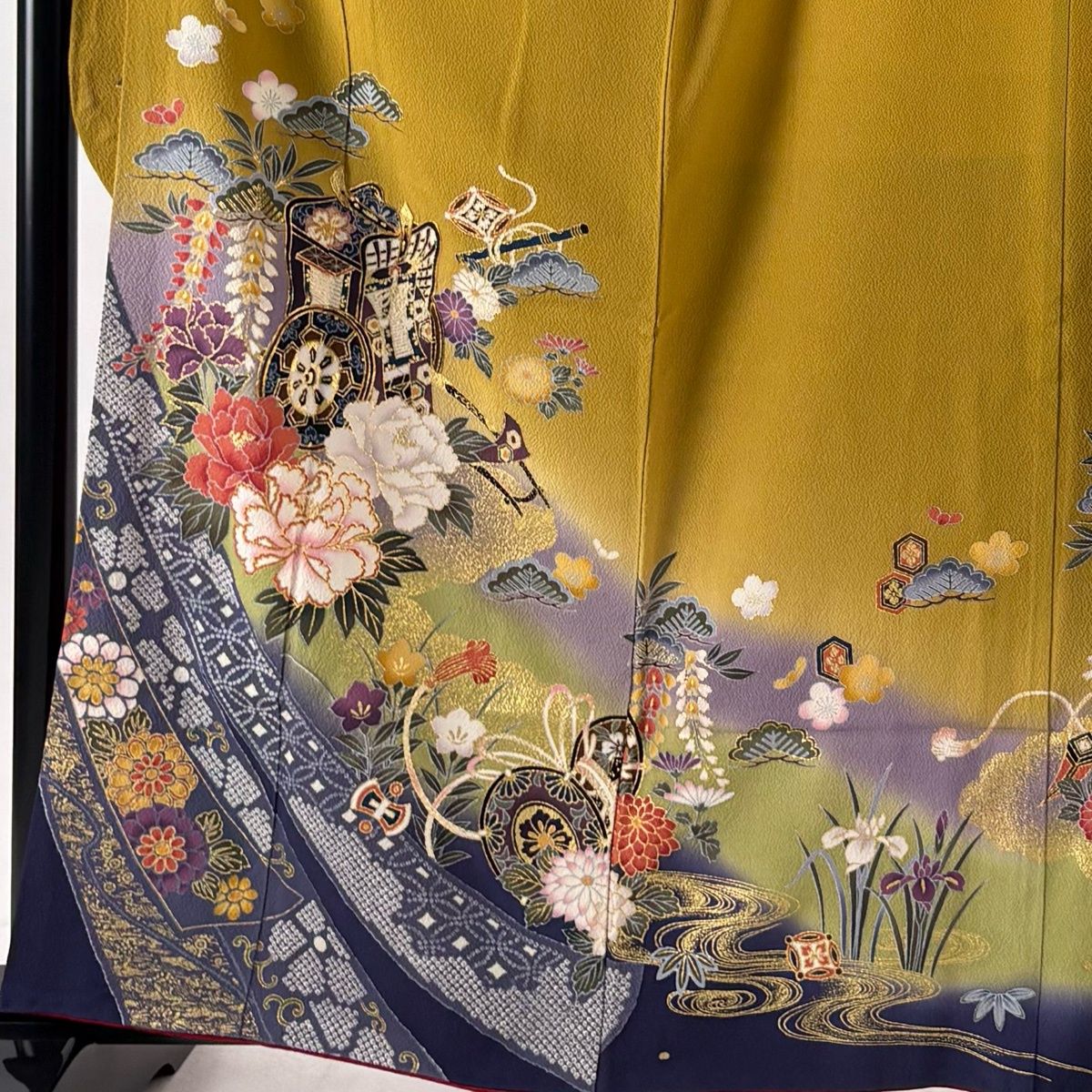 美品】 振袖 身丈160cm 裄丈66cm M 袷 袋帯フルセット 御所車 牡丹