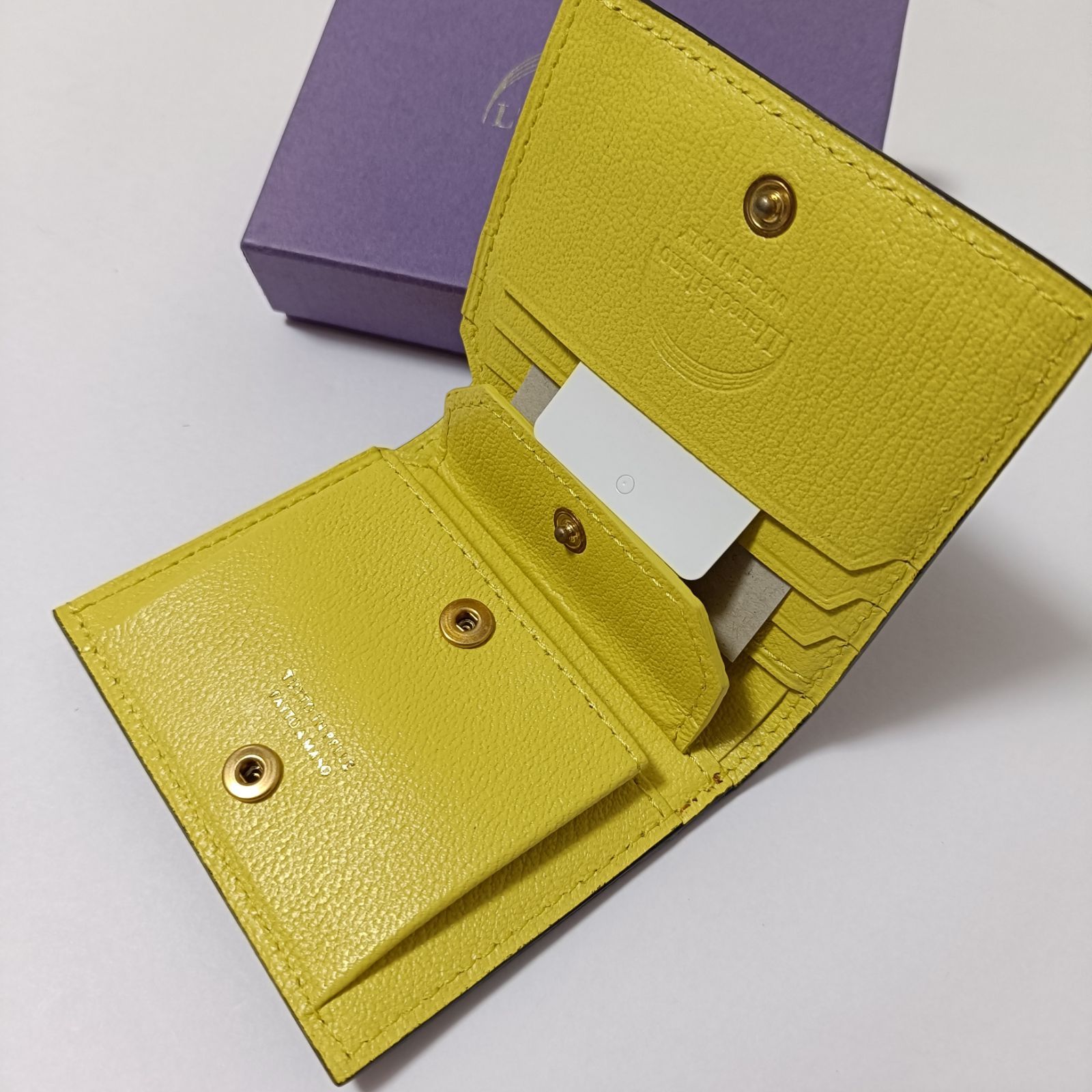 L’arcobaleno 二つ折り財布 グレージュイエロー ラルコバレーノ 二つ折り財布 ミニウォレット ゴートレザー 本革