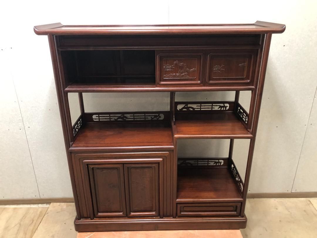 紫檀 茶棚 茶箪笥 飾り棚 違い棚 戸棚 唐木 透彫 昭和レトロ