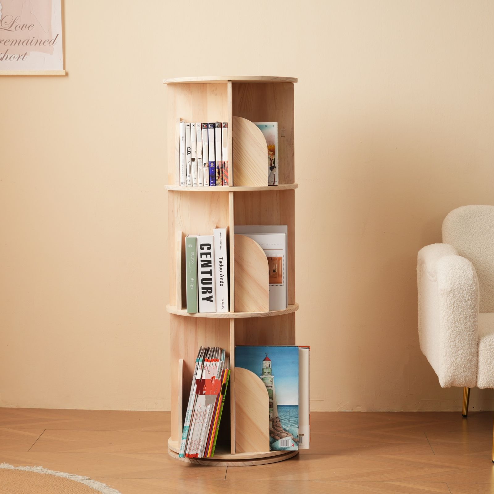 3段-回転盤-マルチ高さ】無垢材 回転式本棚 飾り棚 絵本棚 360°回転