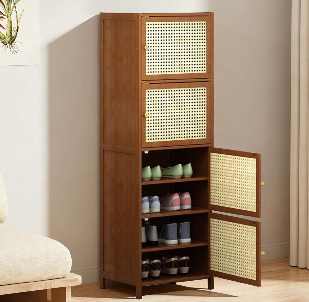 シューズラック 玄関収納 ドア付き 天然竹製 メッシュドア 全面パネル