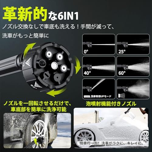 高圧洗浄機 充電式 洗車機 自吸式 10M噴射 6in1ノズル 日本語説明書付 コードレス&強力洗浄】高圧洗浄機 充電式 洗車機 自吸式 軽量 小型 10M