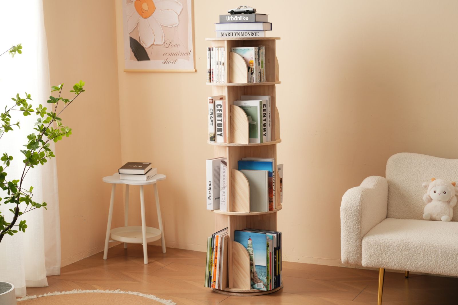 4段-回転盤-マルチ高さ】無垢材 回転式本棚 飾り棚 絵本棚 360°回転