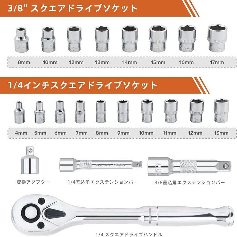 車/バイク/家庭のメンテに】22点 メトリック ソケットレンチセット 1