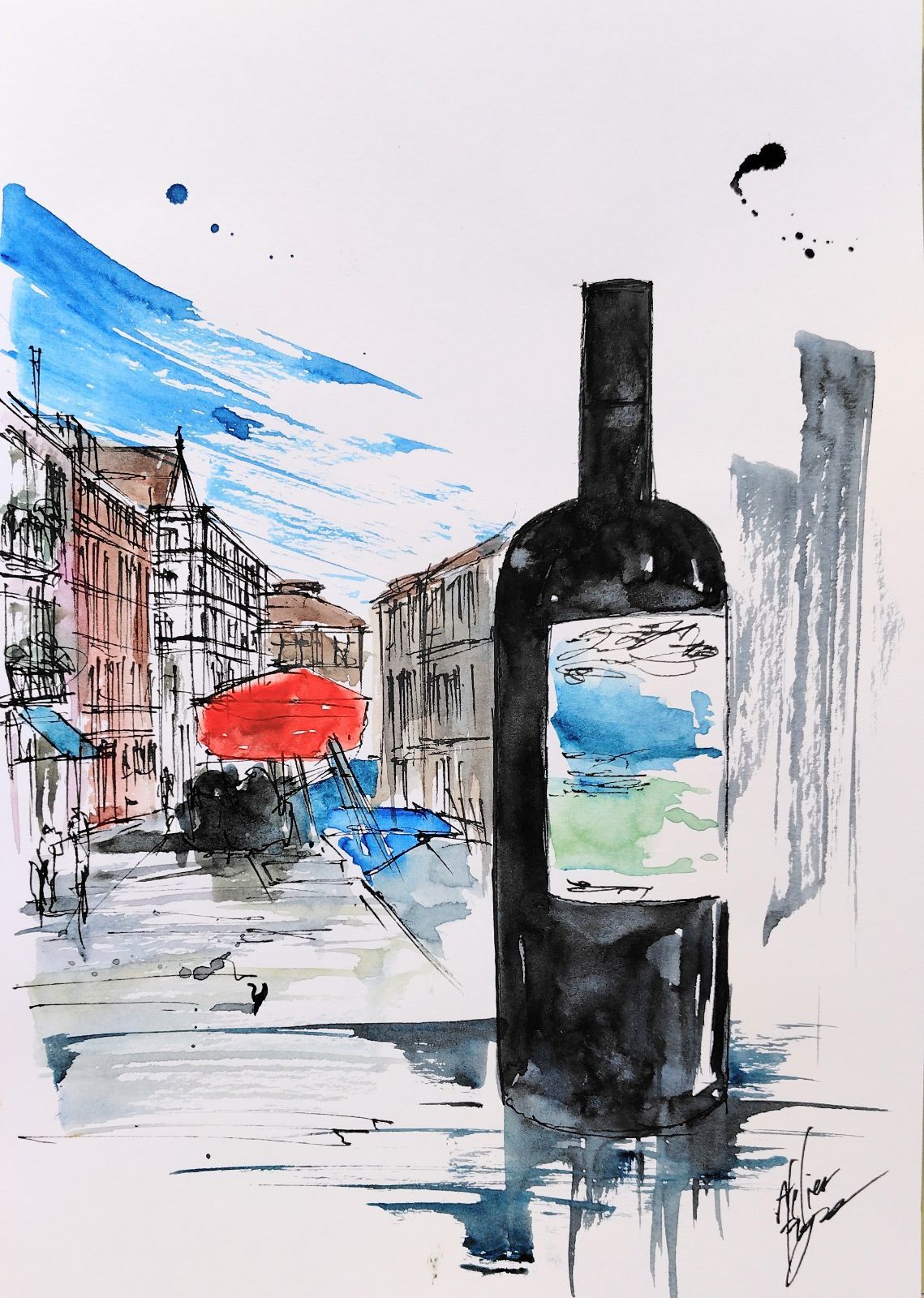 原画#218 黒猫 ワイン ベネチア 水彩画 ドローイング インテリア