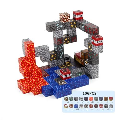 マグネットブロック マイクラ風 磁石ブロック 立体パズル 知育玩具 マグネットパズル 小学生 おもちゃ 入園 卒園 ギフト プレゼント 2 3 cm 106 PCS 鉱山探険 e