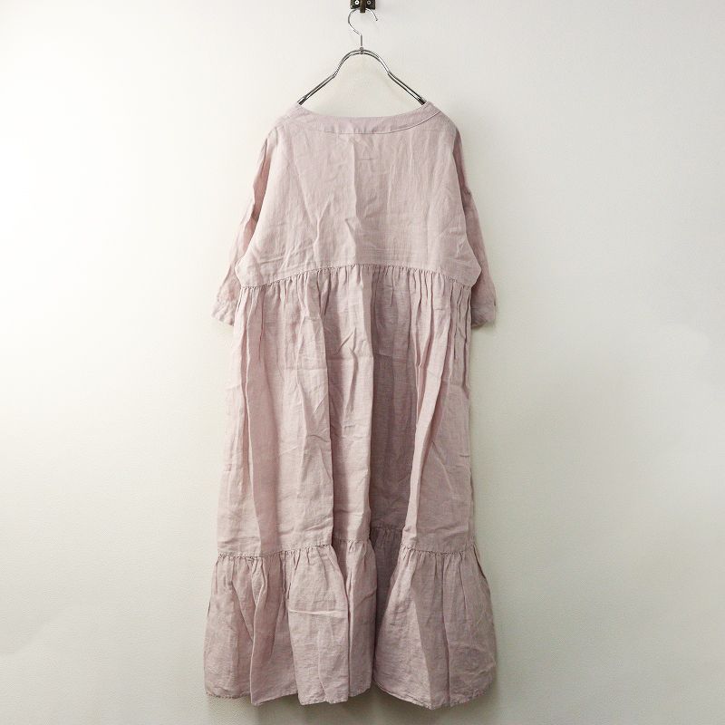 美品 ネストローブ 麻100 バンドカラー 切り替えギャザーロング