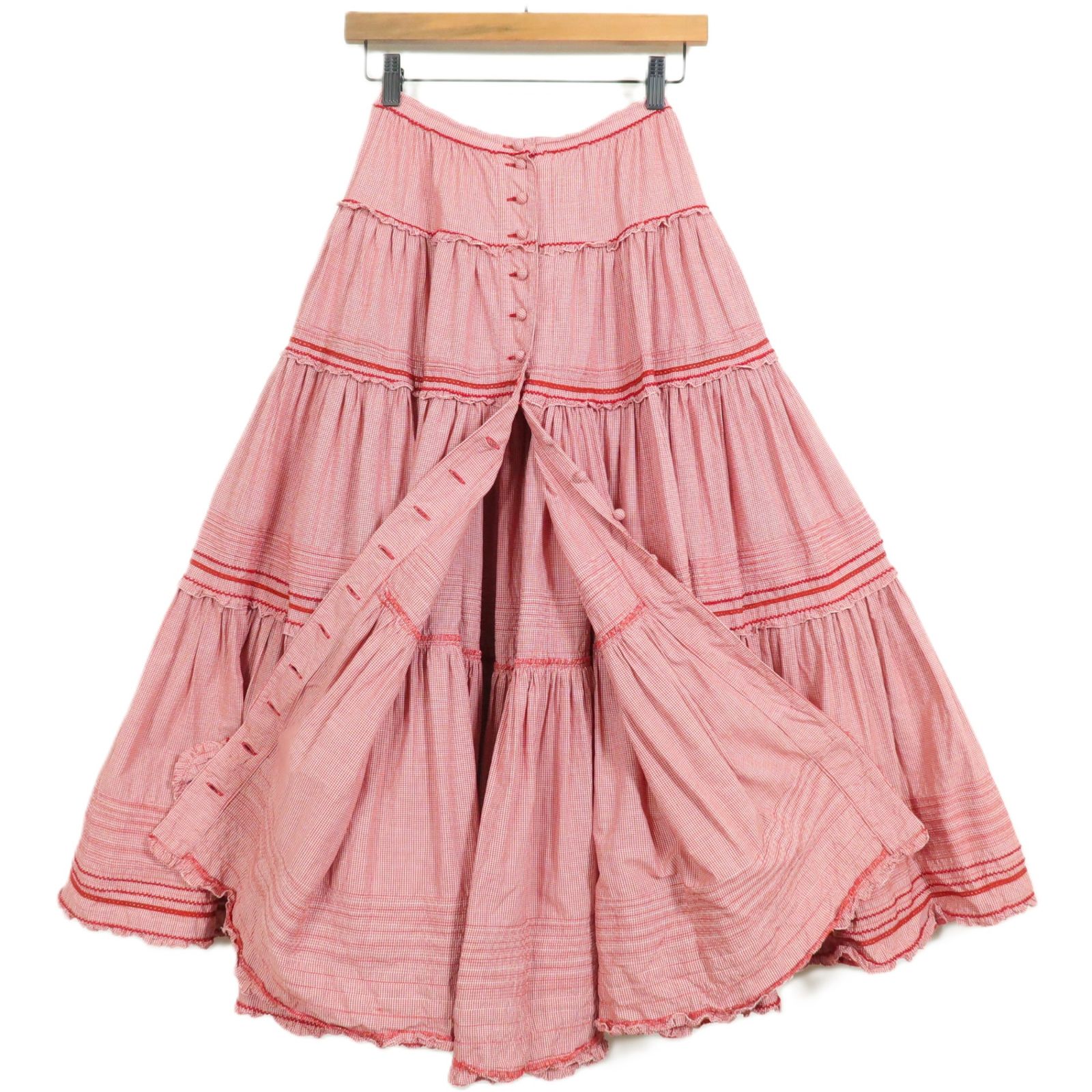 ピンクハウス☆ハシゴレースのローンロングスカート ピンクハウス☆リボン&はしごレース♪ギンガムのギャザースカート 赤系
