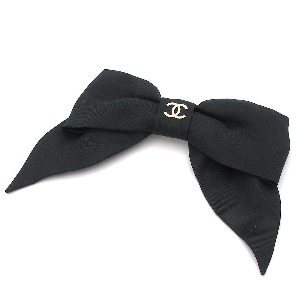 CHANEL(シャネル) バレッタ美品 - シルク 黒×ゴールド×シルバー リボン
