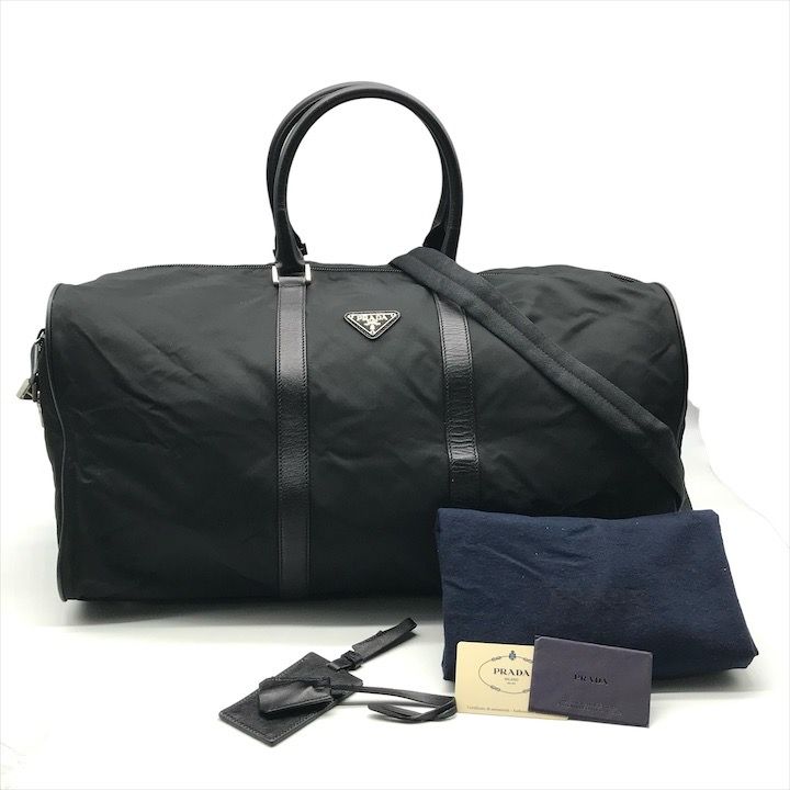 【美品】PRADA プラダ ボストンバッグ 黒 ナイロン 三角ロゴ 黒 男女兼用 良品 PRADA プラダ 三角ロゴ プレート サフィアーノ レザー ナイロン