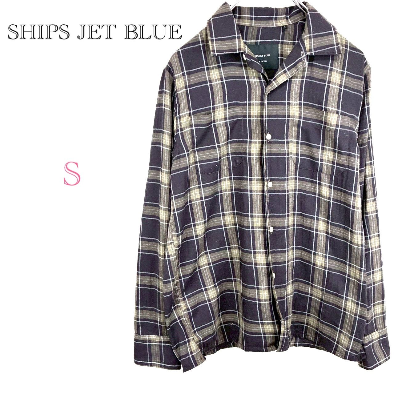 シップスジェットブルー SHIPS JET BLUE【S】チェク柄シャツ 襟付き
