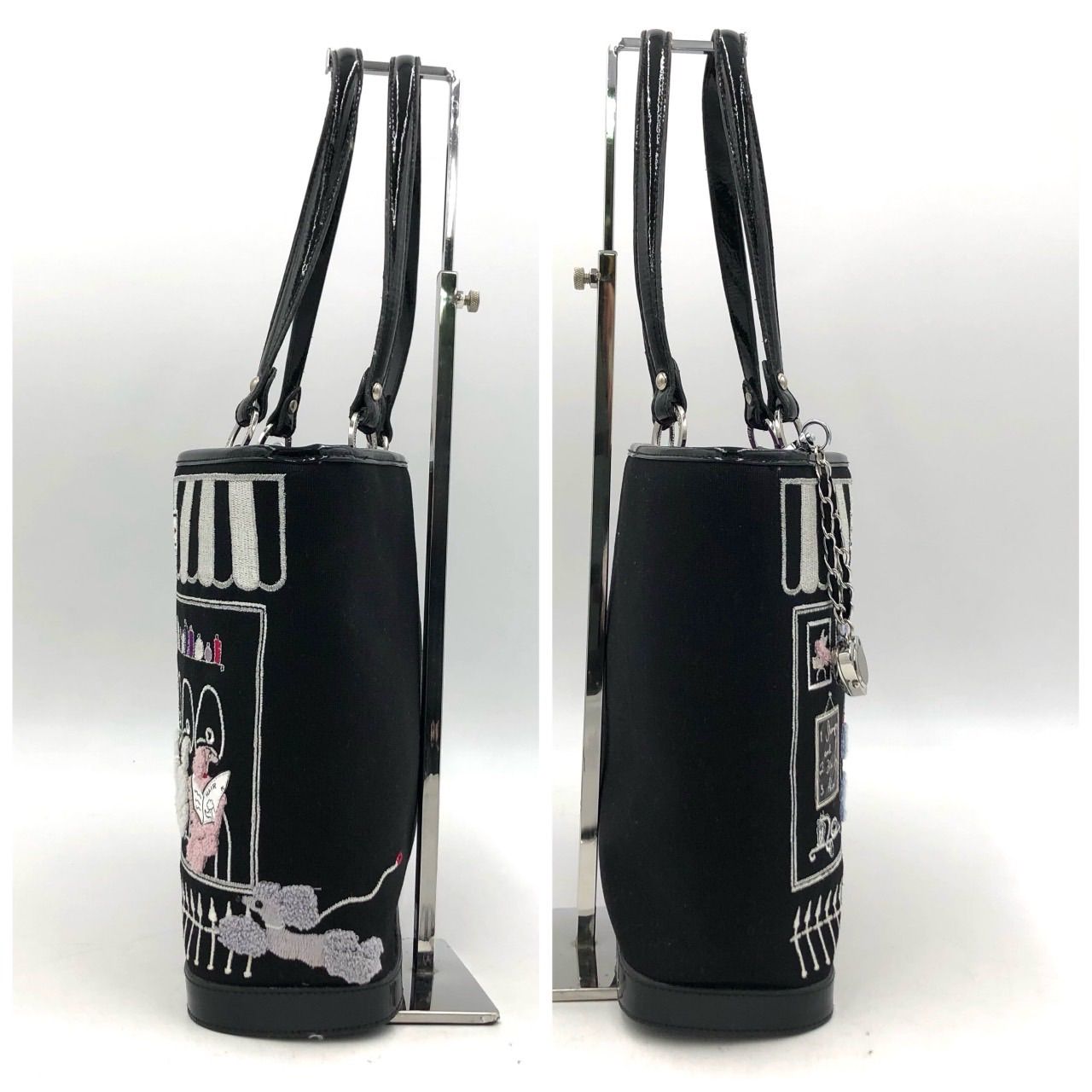 ルルギネス トートバッグ プードル 刺繍 黒 キャンバス エナメル