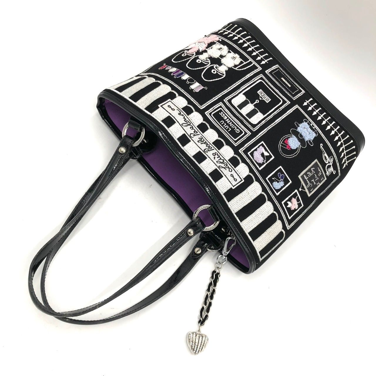 ルルギネス トートバッグ プードル 刺繍 黒 キャンバス エナメル 