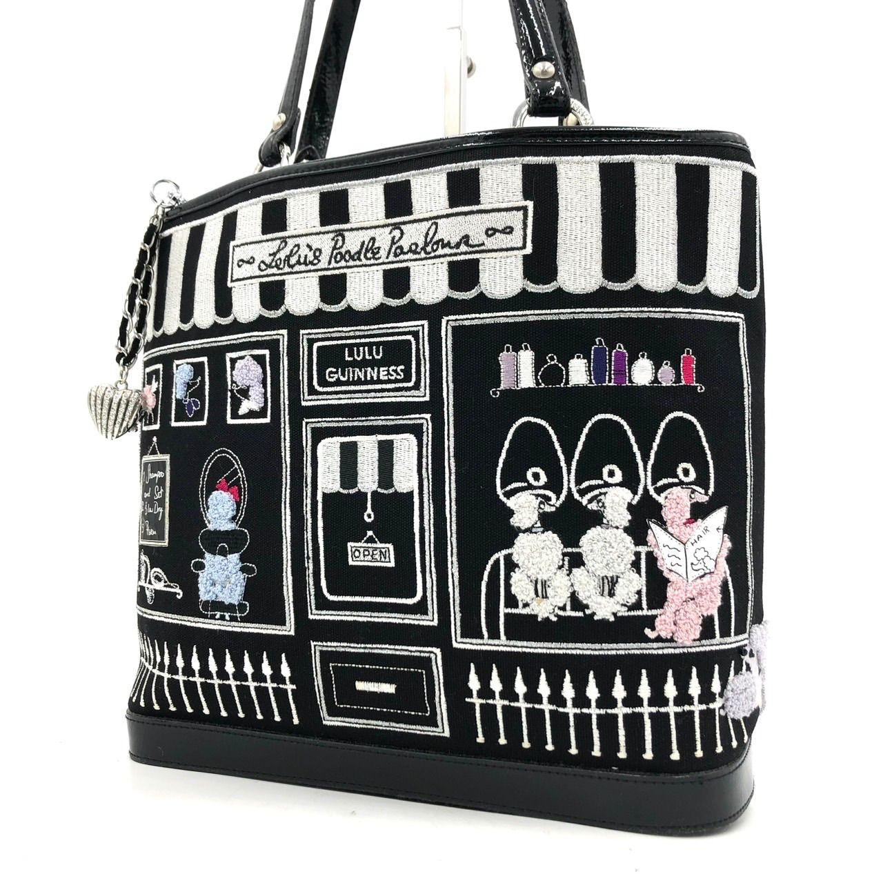 ルルギネス トートバッグ プードル 刺繍 黒 キャンバス エナメル