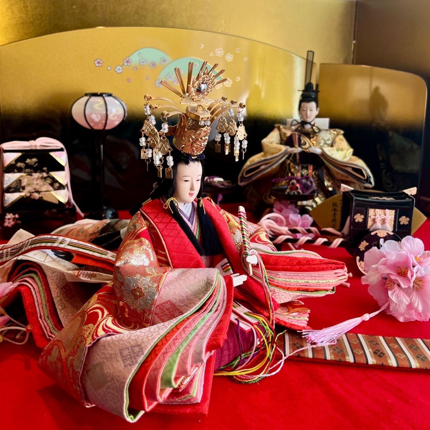 新品☆桜の唄会☆極上王朝絵巻雛☆正絹☆一刀彫り木手☆桐胴☆純金