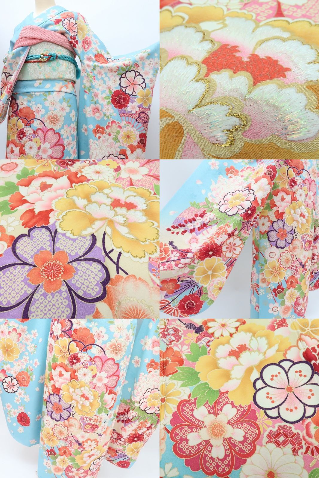 百華❀Y4378◇金糸刺繡 桜 牡丹 乱菊 雪輪 毬 手縫い仕立て 成人式