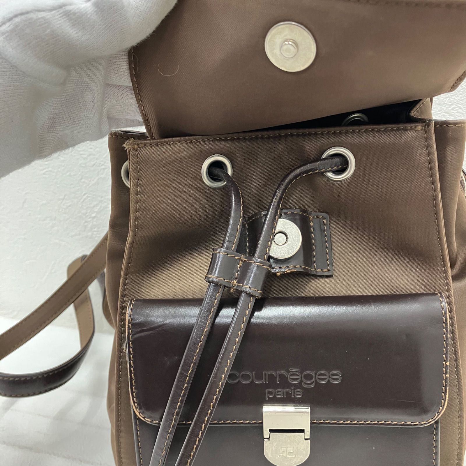 8158 courreges クレージュ ブラウン ナイロン レザー リュックサック