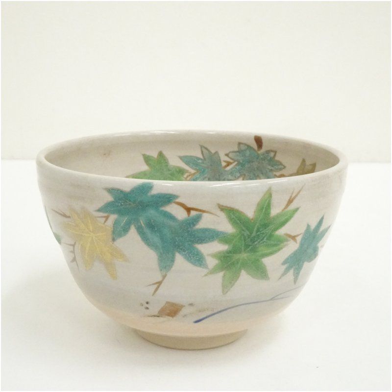 京焼 森下壮秀造 色絵青楓之図茶碗（共箱） 茶道 抹茶 おしゃれ 抹茶
