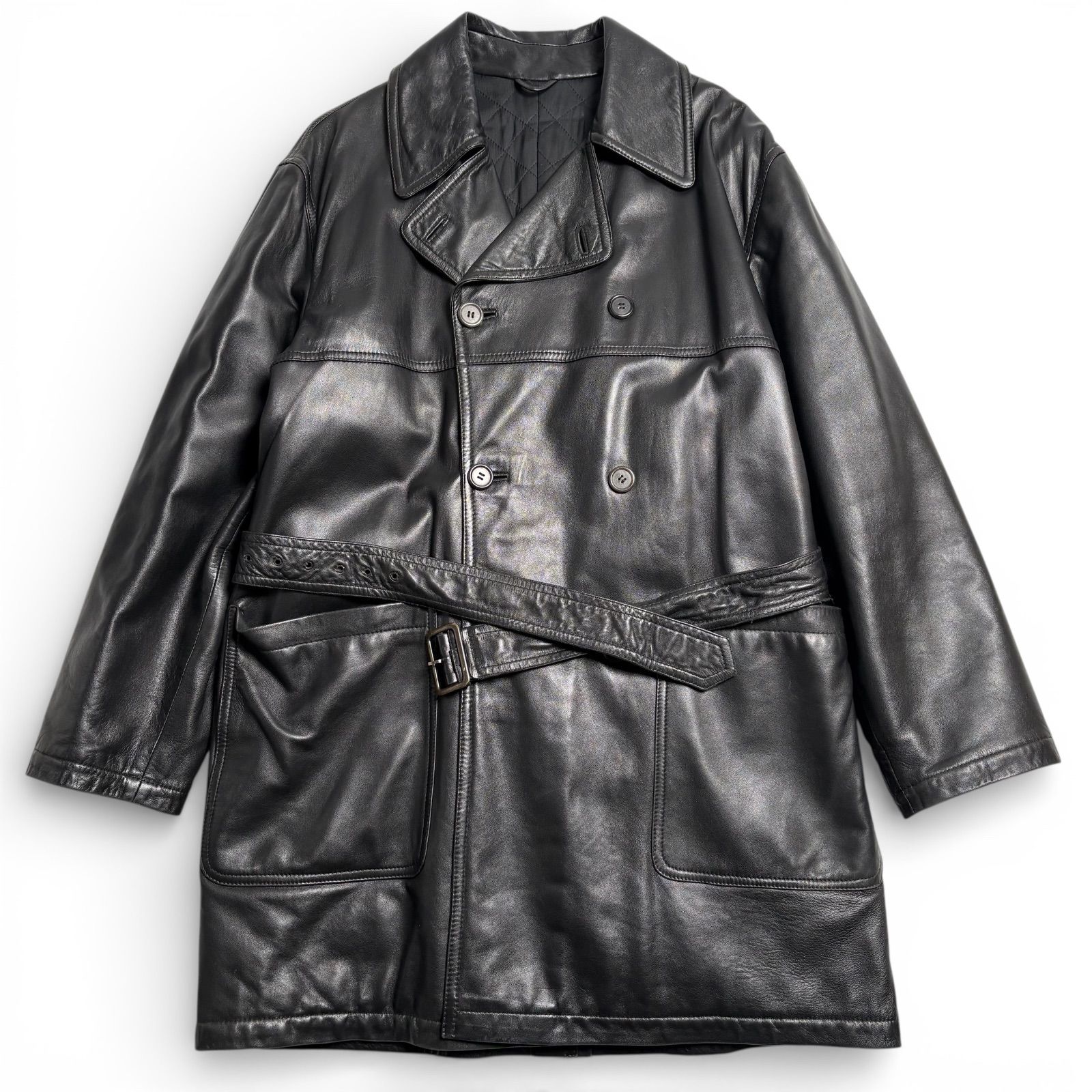 イタリア製】BASIL レザー トレンチコート 黒 48 本革 レザー