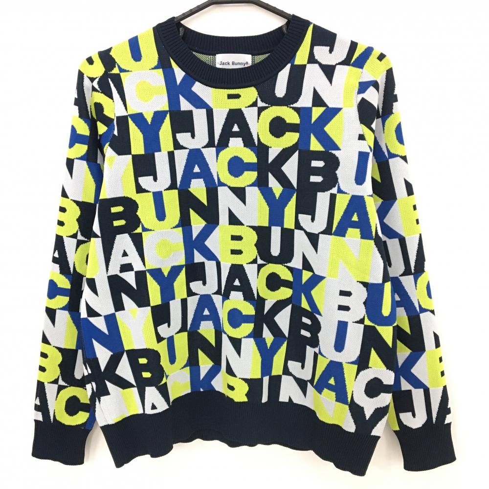 ★希少 XLサイズ★ Jack Bunny モノグラム ニット ロゴ総柄 超美品】ジャックバニー セーター 白×ネイビー×イエロー系 英字総柄