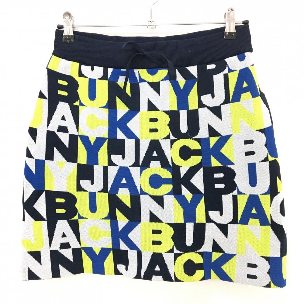 ジャックバニー ニットスカート 白×ネイビー×イエロー系 英字総柄