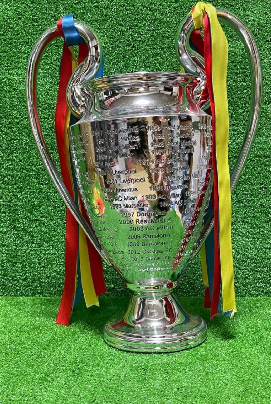 UEFAチャンピオンズリーグトロフィー、歴代優勝クラブ名刻印、リボン