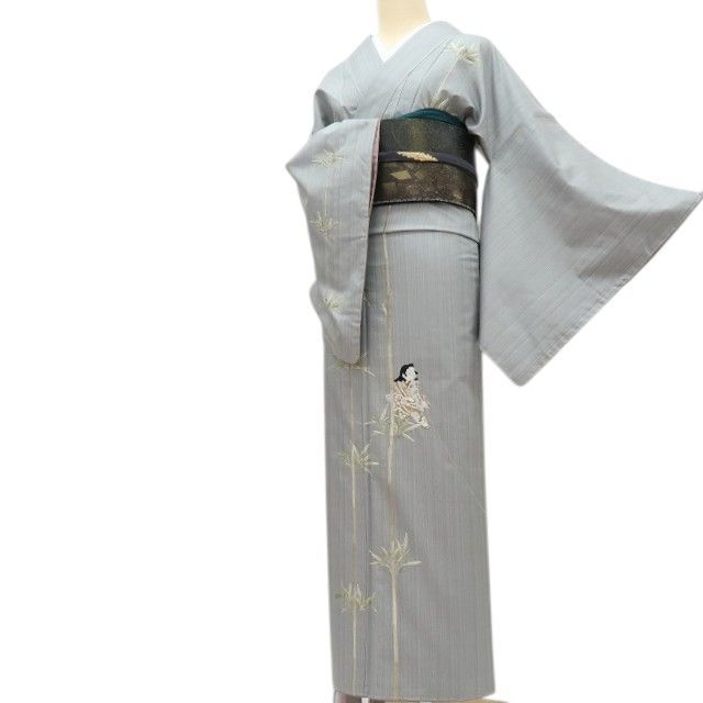 百華❀Y4381◇未着用 正絹 総刺繍 竹×童 手縫い仕立て トールサイズ 紬 