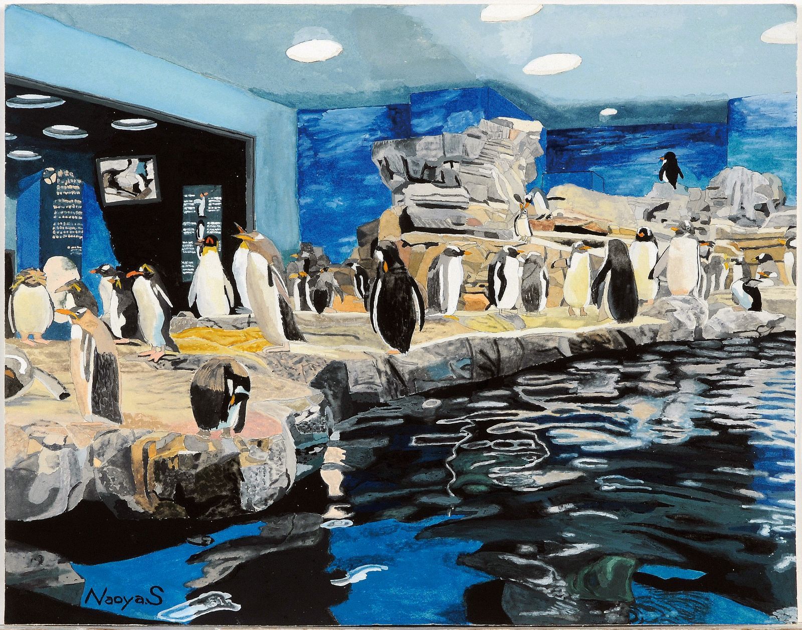 水彩画　ジクレー版画「海響館のペンギンたち」（下関市） 水彩画 ジクレー版画「海響館のペンギンたち」（下関市） - メルカリ