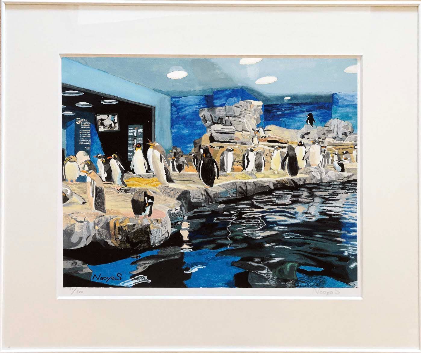 水彩画　ジクレー版画「海響館のペンギンたち」（下関市） 水彩画 ジクレー版画「海響館のペンギンたち」（下関市） - メルカリ