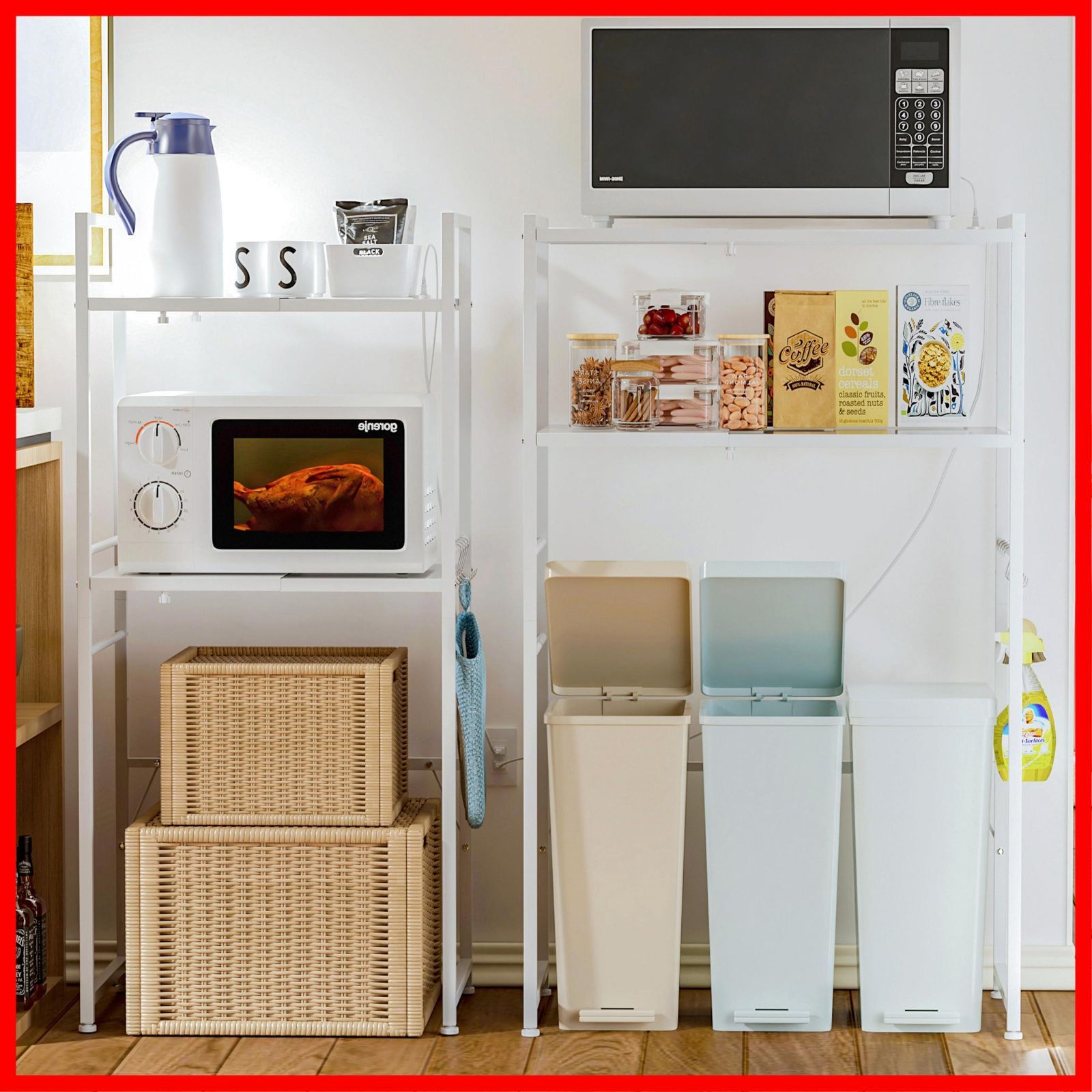 多機能横幅伸縮できるコンセント付きキッチンベイカーラック キッチンラック レンジ台 オーペンラック ゴミ箱収納 プリント台ラック 可動式棚板多段調整 Sフック付き 荷重70 kg 錆び防止 耐摩擦性 耐水性 耐熱性機能がある 幅60 5から 80ま